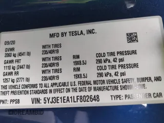 2020 Tesla Model 3 Standard Range Plus with VIN 5YJ3E1EA1LF802648, listed as a IAAI auction lot 42208034 with 27,231 mi miles and . Bid and sale history available at DreamBid. Image 9.