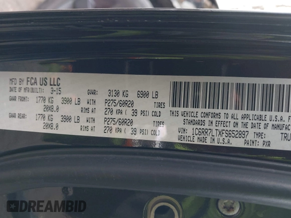 2015 Ram 1500 Outdoorsman with VIN 1C6RR7LTXFS652897, listed as a IAAI auction lot 41913742 with 90,920 mi miles and . Bid and sale history available at DreamBid. Image 9.