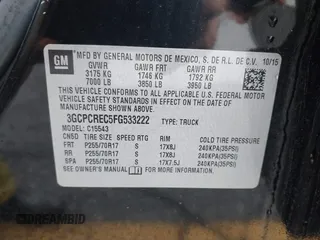 2015 Chevrolet Silverado 1500 LT with VIN 3GCPCREC5FG533222, listed as a IAAI auction lot 41912623 with 201,613 mi miles and . Bid and sale history available at DreamBid. Image 9.