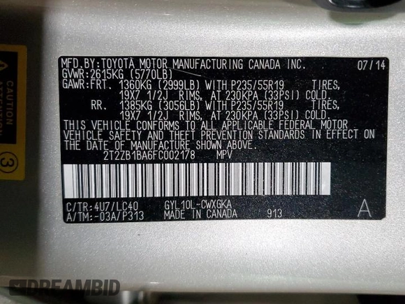 2015 Lexus RX 450h with VIN 2T2ZB1BA6FC002178, listed as a Copart auction lot 43314665 with 177,522 mi miles and Clean Title. Bid and sale history available at DreamBid. Image 13.