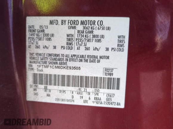 2013 Ford F-150 XL with VIN 1FTMF1CM6DKE93505, listed as a Copart auction lot 53392835 with 79,370 mi miles and Salvage Title. Bid and sale history available at carsss.com. Image 12.