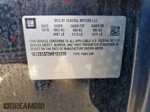 2017 Chevrolet Malibu LT with VIN 1G1ZE5ST5HF151298, listed as a Copart auction lot 54199925 with 145,602 mi miles and Salvage Title. Bid and sale history available at DreamBid. Image 12.