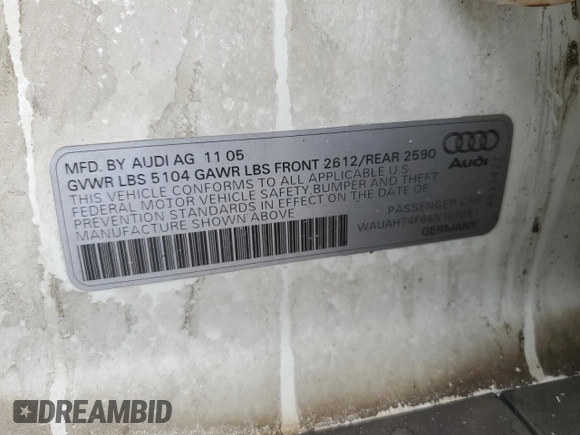 2006 Audi A6 z VIN WAUAH74F66N107051, wystawiony jako Copart lot #60651385 z przebiegiem Nie podano mil oraz Nie do naprawy • Non repairable. Historia ofert i sprzedaży dostępna na DreamBid. Obrazek 12.