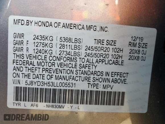 2020 Acura MDX Technology with VIN 5J8YD3H53LL005531, listed as a Copart auction lot 65921895 with 22,525 mi miles and Salvage title. Bid and sale history available at DreamBid. Image 14.