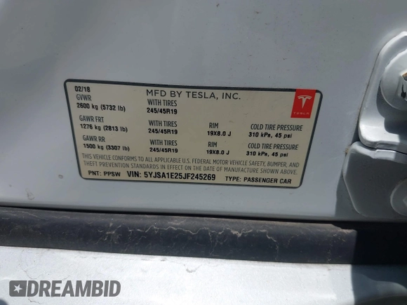 2018 Tesla Model S 75D z VIN 5YJSA1E25JF245269, wystawiony jako IAAI lot #42335263 z przebiegiem 56 086 mil mil oraz . Historia ofert i sprzedaży dostępna na DreamBid. Obrazek 9.