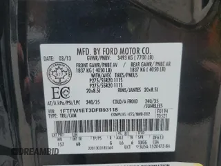 2013 Ford F-150 XL with VIN 1FTFW1ET3DFB93118, listed as a Copart auction lot 59396855 with 242,947 mi miles and Salvage title. Bid and sale history available at DreamBid. Image 12.
