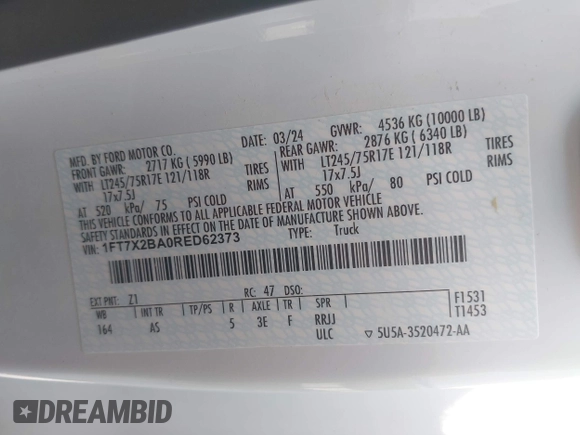 2024 Ford F-250 XL with VIN 1FT7X2BA0RED62373, listed as a IAAI auction lot 42485874 with 7,825 mi miles and . Bid and sale history available at DreamBid. Image 9.
