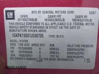 2007 GMC Yukon SLT with VIN 1GKFK13037J336725, listed as a IAAI auction lot 41434331 with 171,479 mi miles. Bid and sale history available at carsss.com. Image 9.
