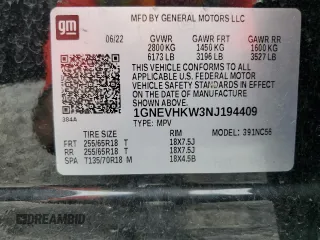 2022 Chevrolet Traverse LT z VIN 1GNEVHKW3NJ194409, wystawiony jako Copart lot #54600805 z przebiegiem 71 910 mil mil oraz Szkoda całkowita • Salvage title. Historia ofert i sprzedaży dostępna na DreamBid. Obrazek 13.