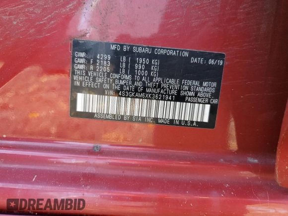 2019 Subaru Impreza Sport with VIN 4S3GKAM6XK3621941, listed as a Copart auction lot 65932892 with 92,275 mi miles. Bid and sale history available at carsss.com. Image 10.