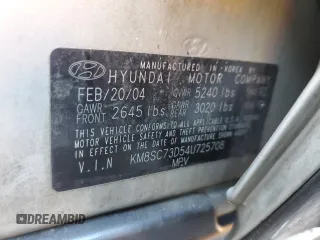 2004 Hyundai Santa Fe GLS with VIN KM8SC73D54U725708, listed as a Copart auction lot 46287865 with 56,032 mi miles and Clean Title. Bid and sale history available at carsss.com. Image 13.