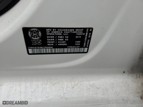 2020 Volkswagen Passat 2.0T S with VIN 1VWAA7A38LC002825, listed as a Copart auction lot 82870524 with 0 mi miles and Salvage Title. Bid and sale history available at carsss.com. Image 12.