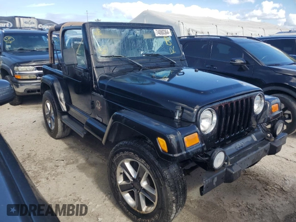 2002 Jeep Wrangler Sahara with VIN 1J4FA59S62P722411, listed as a Copart auction lot 74080364 with 0 mi miles and Non Repairable. Bid and sale history available at carsss.com. Image 4.