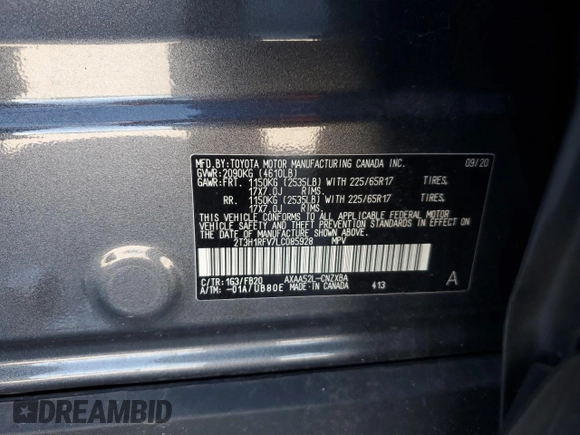 2020 Toyota RAV4 LE with VIN 2T3H1RFV7LC085928, listed as a Copart auction lot 47985445 with 57,249 mi miles and Salvage Title. Bid and sale history available at carsss.com. Image 13.
