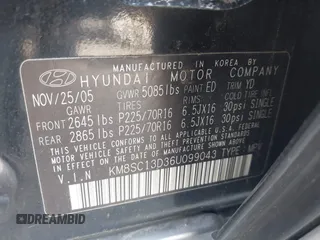 2006 Hyundai Santa Fe GLS z VIN KM8SC13D36U099043, wystawiony jako IAAI lot #42447356 z przebiegiem 154 838 mil mil oraz . Historia ofert i sprzedaży dostępna na DreamBid. Obrazek 9.