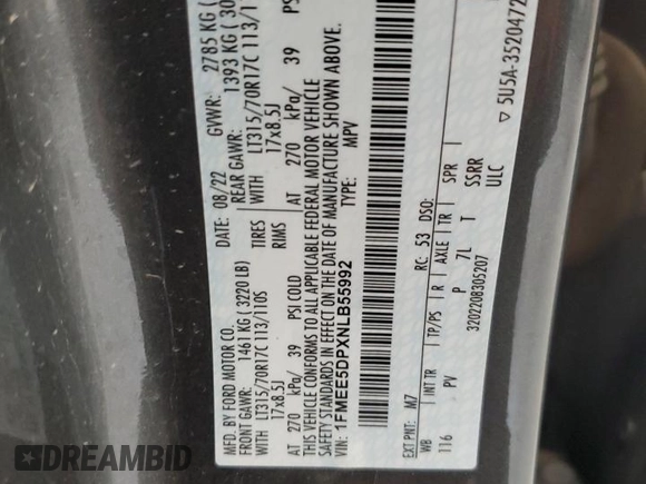 2022 Ford Bronco z VIN 1FMEE5DPXNLB55992, wystawiony jako Copart lot #62194195 z przebiegiem 70 264 mil mil oraz Szkoda całkowita • Salvage title. Historia ofert i sprzedaży dostępna na DreamBid. Obrazek 13.