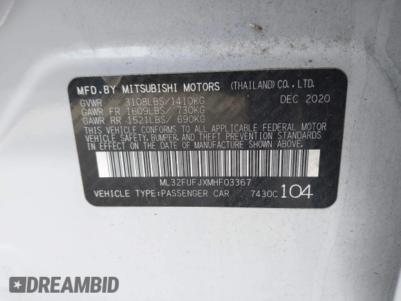 2021 Mitsubishi Mirage G4 ES with VIN ML32FUFJXMHF03367, listed as a IAAI auction lot 41689389 with 19,898 mi miles. Bid and sale history available at carsss.com. Image 9.