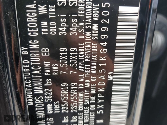 2019 Kia Sorento SX Limited with VIN 5XYPKDA51KG499205, listed as a Copart auction lot 45203515 with 55,145 mi miles and Salvage Title. Bid and sale history available at carsss.com. Image 14.