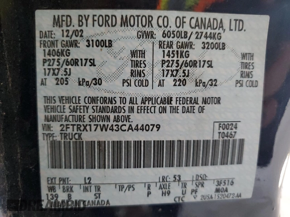 2003 Ford F-150 XL с VIN 2FTRX17W43CA44079, выставлен на аукционе Copart как лот 56494625 с пробегом 275 274 миль миль и Списание • Salvage title. История ставок и продаж доступна на DreamBid. Изображение 12.