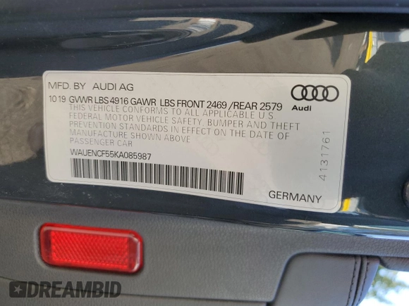 2019 Audi A5 Sportback Premium Plus with VIN WAUENCF55KA085987, listed as a Copart auction lot 71084973 with 38,324 mi miles. Bid and sale history available at carsss.com. Image 14.