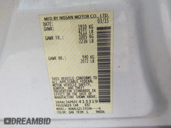 2015 Nissan Altima S with VIN 1N4AL3AP6FC413319, listed as a IAAI auction lot 42105139 with 100,356 mi miles and . Bid and sale history available at DreamBid. Image 9.