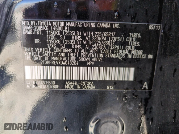 2013 Toyota RAV4 LE with VIN 2T3BFREVXDW048204, listed as a Copart auction lot 59176115 with 160,560 mi miles and Salvage title. Bid and sale history available at DreamBid. Image 12.