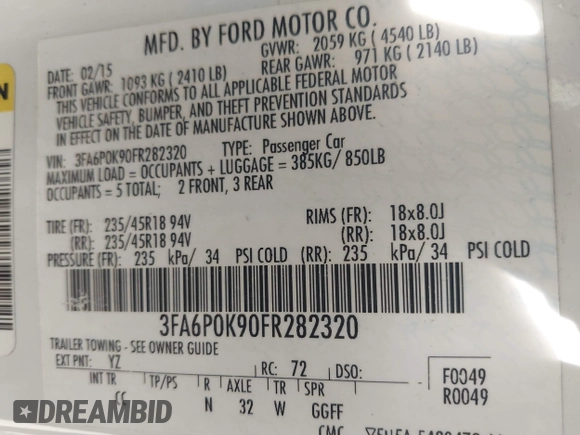 2015 Ford Fusion Titanium with VIN 3FA6P0K90FR282320, listed as a IAAI auction lot 41777384 with 154,204 mi miles. Bid and sale history available at carsss.com. Image 9.
