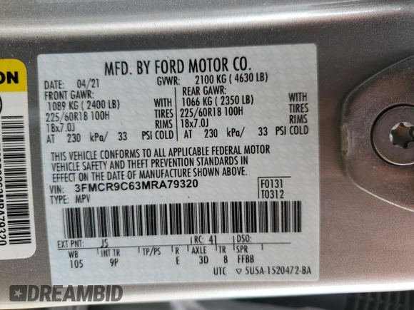2021 Ford Bronco Sport Outer Banks z VIN 3FMCR9C63MRA79320, wystawiony jako Copart lot #56400355 z przebiegiem 35 619 mil mil oraz Szkoda całkowita • Salvage title. Historia ofert i sprzedaży dostępna na DreamBid. Obrazek 13.