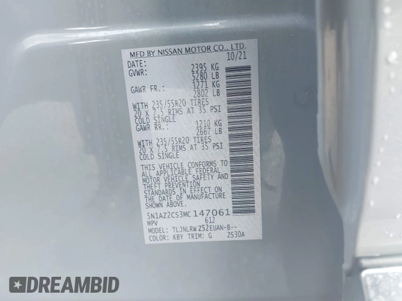 2021 Nissan Murano SL with VIN 5N1AZ2CS3MC147061, listed as a IAAI auction lot 41358296 with 15,404 mi miles and . Bid and sale history available at DreamBid. Image 9.