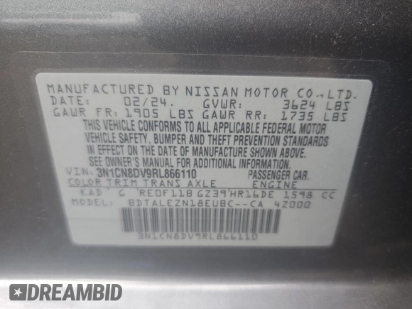 2024 Nissan Versa S with VIN 3N1CN8DV9RL866110, listed as a Copart auction lot 62724405 with 2,381 mi miles and Salvage title. Bid and sale history available at DreamBid. Image 12.