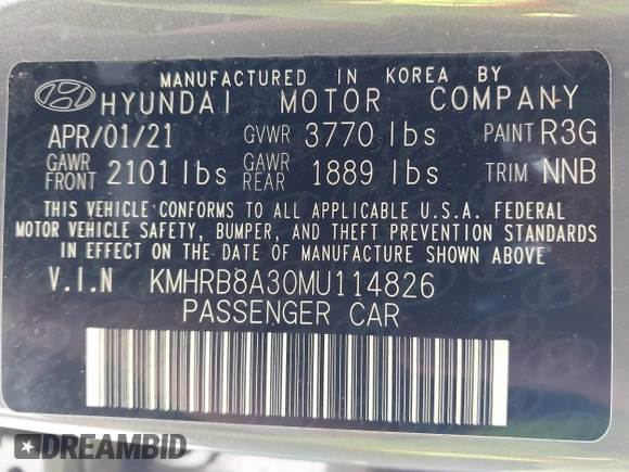2021 Hyundai Venue SE with VIN KMHRB8A30MU114826, listed as a IAAI auction lot 41779901 with Not Provided miles and . Bid and sale history available at DreamBid. Image 9.