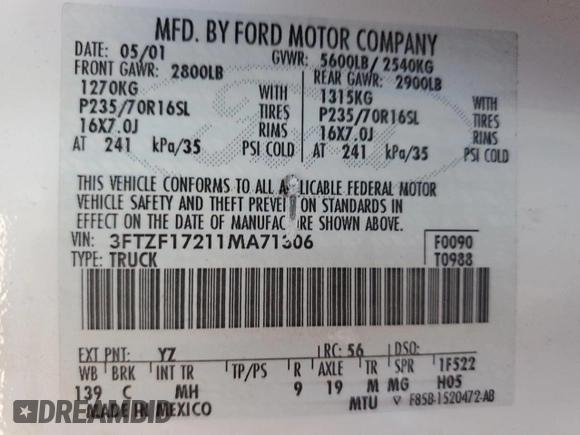 2001 Ford F-150 XL z VIN 3FTZF17211MA71306, wystawiony jako Copart lot #57824475 z przebiegiem 186 866 mil mil oraz Szkoda całkowita • Salvage title. Historia ofert i sprzedaży dostępna na DreamBid. Obrazek 12.