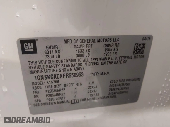 2015 Chevrolet Tahoe LTZ с VIN 1GNSKCKCXFR650963, выставлен на аукционе IAAI как лот 42319953 с пробегом 162 139 миль миль и . История ставок и продаж доступна на DreamBid. Изображение 9.