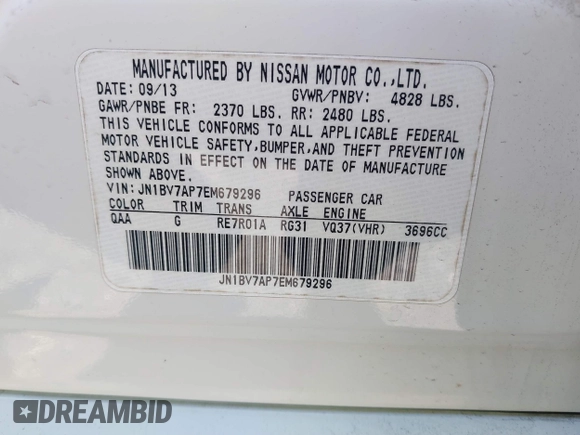 2014 Infiniti Q50 Sport with VIN JN1BV7AP7EM679296, listed as a IAAI auction lot 41834654 with 126,337 mi miles and . Bid and sale history available at DreamBid. Image 9.