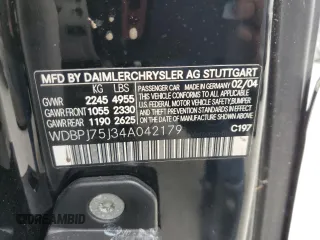 2004 Mercedes-Benz CL with VIN WDBPJ75J34A042179, listed as a Copart auction lot 78272714 with Not Provided miles and Non Repairable. Bid and sale history available at carsss.com. Image 12.