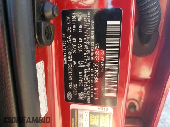 2020 Kia Rio S with VIN 3KPA24AD5LE338755, listed as a Copart auction lot 49559665 with 61,854 mi miles and Non Repairable. Bid and sale history available at carsss.com. Image 14.