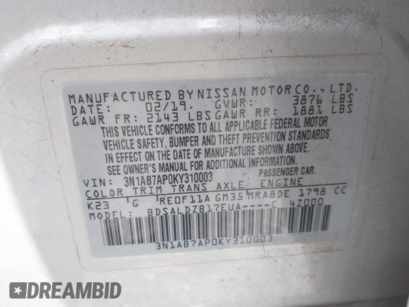 2019 Nissan Sentra S z VIN 3N1AB7AP0KY310003, wystawiony jako IAAI lot #41778223 z przebiegiem Nie podano mil oraz . Historia ofert i sprzedaży dostępna na DreamBid. Obrazek 9.