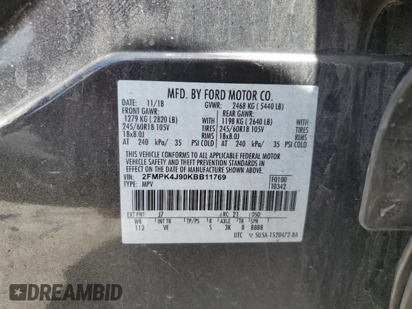 2019 Ford Edge SEL with VIN 2FMPK4J90KBB11769, listed as a Copart auction lot 53610965 with 129,524 mi miles and Salvage Title. Bid and sale history available at carsss.com. Image 15.