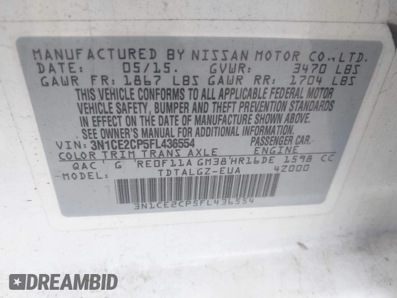 2015 Nissan Note S Plus with VIN 3N1CE2CP5FL436554, listed as a IAAI auction lot 42644846 with 108,427 mi miles and . Bid and sale history available at DreamBid. Image 9.