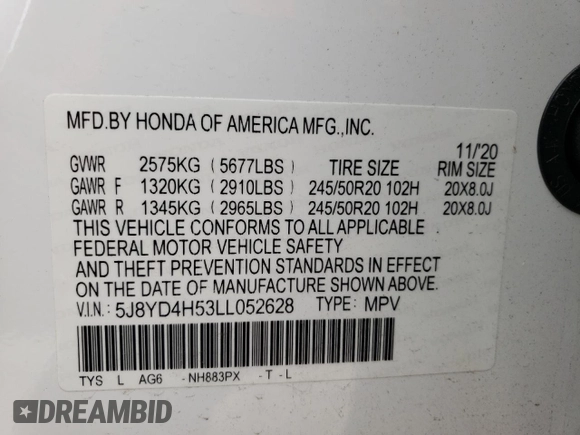 2020 Acura MDX w/Technology Pkg with VIN 5J8YD4H53LL052628, listed as a Copart auction lot 45430543 with 10,912 mi miles. Bid and sale history available at carsss.com. Image 15.