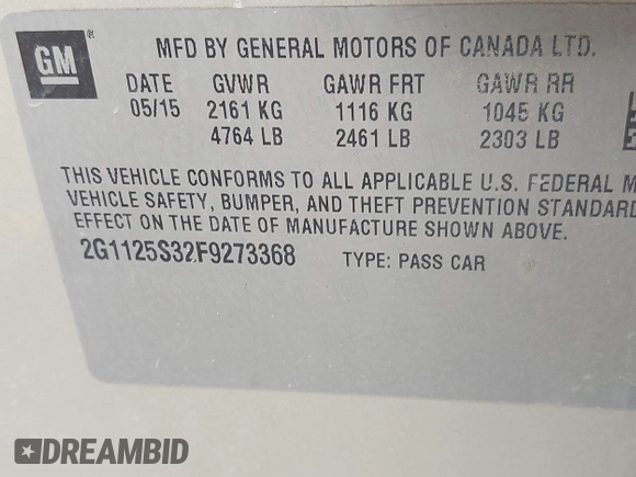 2015 Chevrolet Impala LT с VIN 2G1125S32F9273368, выставлен на аукционе IAAI как лот 42392110 с пробегом 161 939 миль миль и . История ставок и продаж доступна на DreamBid. Изображение 9.