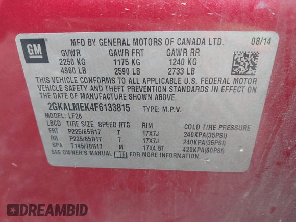 2015 GMC Terrain SLE z VIN 2GKALMEK4F6133815, wystawiony jako IAAI lot #42535936 z przebiegiem 141 447 mil mil oraz . Historia ofert i sprzedaży dostępna na DreamBid. Obrazek 9.
