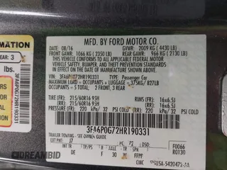 2017 Ford Fusion S with VIN 3FA6P0G72HR190331, listed as a IAAI auction lot 42003479 with 130,252 mi miles. Bid and sale history available at carsss.com. Image 9.
