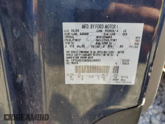 2005 Ford F-250 XL с VIN 1FTSX21585ED28951, выставлен на аукционе Copart как лот 55117845 с пробегом Не указан миль и Чистый • Clean title. История ставок и продаж доступна на DreamBid. Изображение 12.