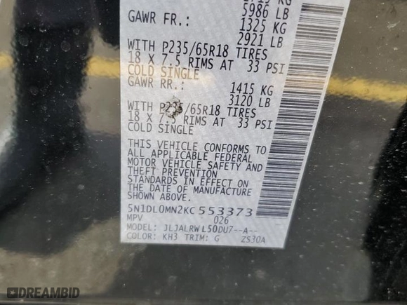 2019 Infiniti QX60 PURE with VIN 5N1DL0MN2KC553373, listed as a Copart auction lot 43206445 with NaN miles and Clean Title. Bid and sale history available at carsss.com. Image 13.