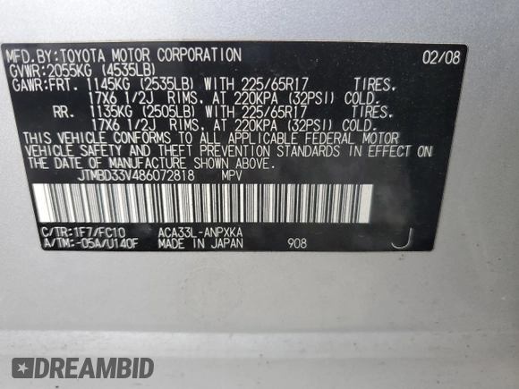 2008 Toyota RAV4 с VIN JTMBD33V486072818, выставлен на аукционе Copart как лот 55443435 с пробегом 119 908 миль миль и Списание • Salvage title. История ставок и продаж доступна на DreamBid. Изображение 12.