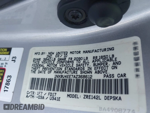 2010 Toyota Corolla with VIN 1NXBU4EE7AZ368612, listed as a IAAI auction lot 41666949 with 143,620 mi miles. Bid and sale history available at carsss.com. Image 9.