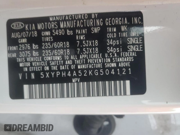 2019 Kia Sorento EX with VIN 5XYPH4A52KG504121, listed as a Copart auction lot 46803375 with 83,035 mi miles and Clean Title. Bid and sale history available at DreamBid. Image 13.