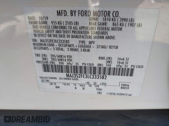 2020 Ford EcoSport S with VIN MAJ3S2FE3LC333582, listed as a IAAI auction lot 41757495 with 67,948 mi miles and . Bid and sale history available at DreamBid. Image 9.