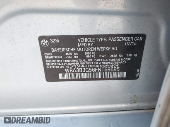 2015 BMW 3 Series 328i xDrive with VIN WBA3B3G56FNT68685, listed as a IAAI auction lot 42516990 with 115,416 mi miles and . Bid and sale history available at DreamBid. Image 9.
